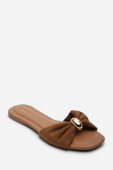 Arc Ruched Buckle Cognac Suede Slide On Sandal