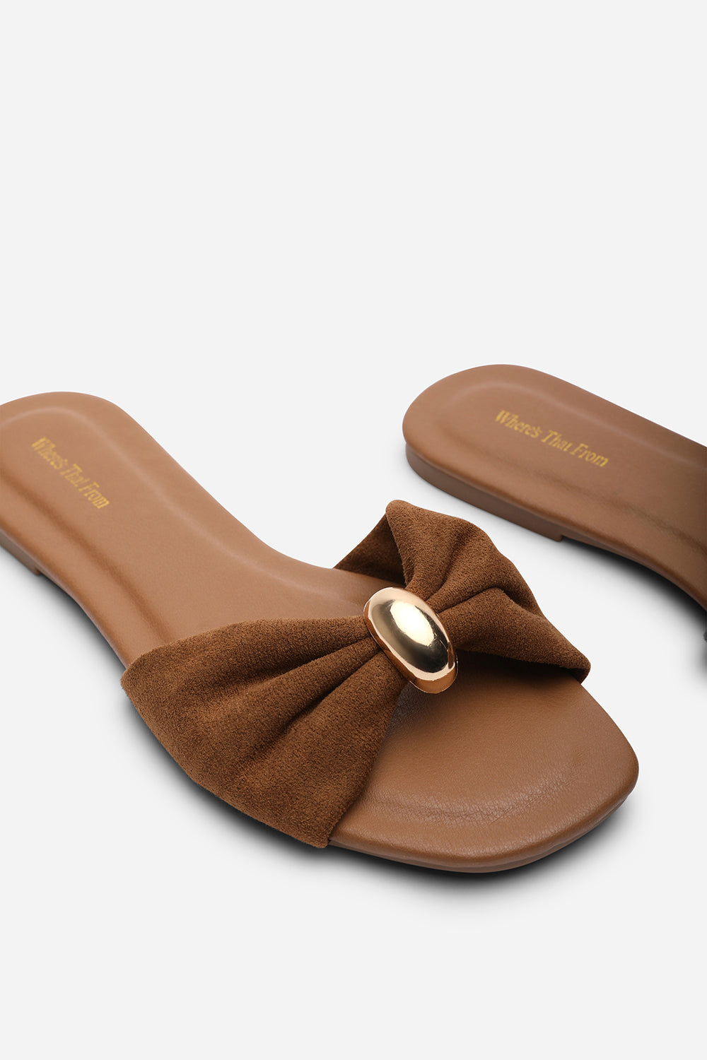 Arc Ruched Buckle Cognac Suede Slide On Sandal