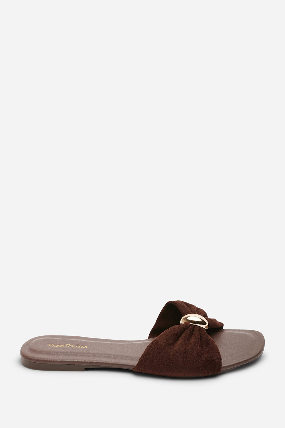 Arc Ruched Buckle Dark Brown Suede Slide On Sandal