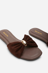 Arc Ruched Buckle Dark Brown Suede Slide On Sandal