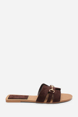 Dorina Embellished Dark Brown Suede Slide On Sandals