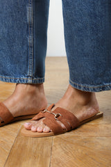 Dorina Embellished Tan Suede Slide On Sandals