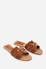 Dorina Embellished Tan Suede Slide On Sandals