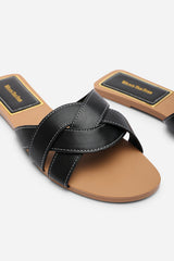 Elvira Braided Black Slide On Sandals With Contrast Stitching