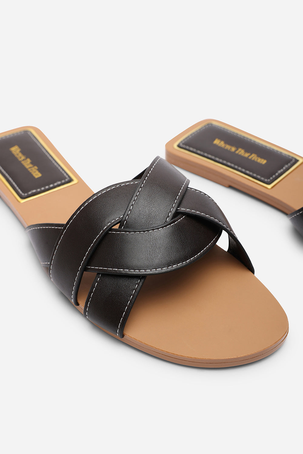 Elvira Braided Dark Brown Slide On Sandals With Contrast Stitching