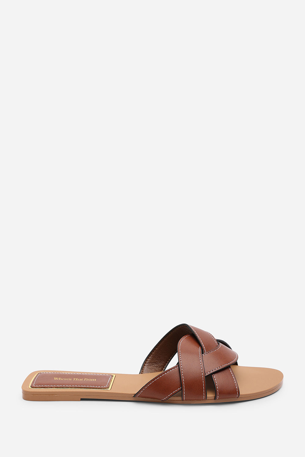 Elvira Braided Tan Slide On Sandals With Contrast Stitching