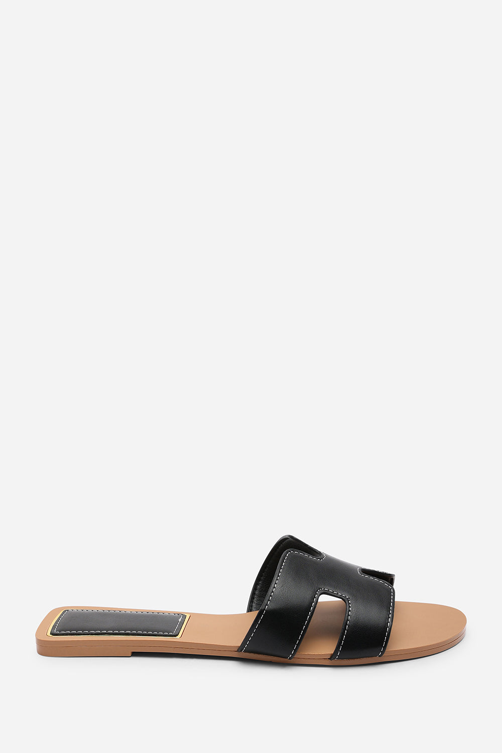 Grazia H Shape Wide Fit Black Slide On Sandals With Contrast Stitching