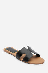Grazia H Shape Wide Fit Black Slide On Sandals With Contrast Stitching