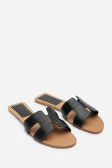 Grazia H Shape Wide Fit Black Slide On Sandals With Contrast Stitching