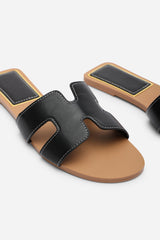 Grazia H Shape Wide Fit Black Slide On Sandals With Contrast Stitching