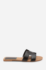 Grazia H Shape Dark Brown Slide On Sandals With Contrast Stitching