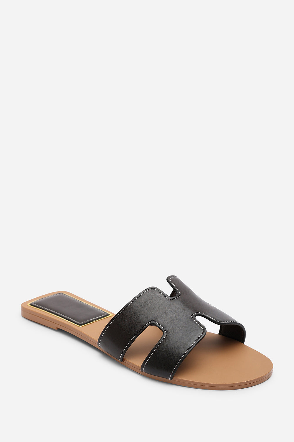 Grazia H Shape Dark Brown Slide On Sandals With Contrast Stitching