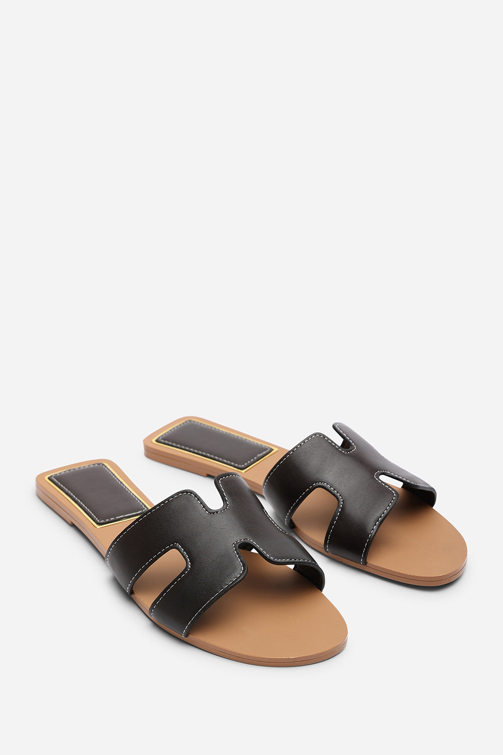 Grazia H Shape Dark Brown Slide On Sandals With Contrast Stitching
