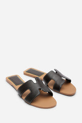 Grazia H Shape Dark Brown Slide On Sandals With Contrast Stitching