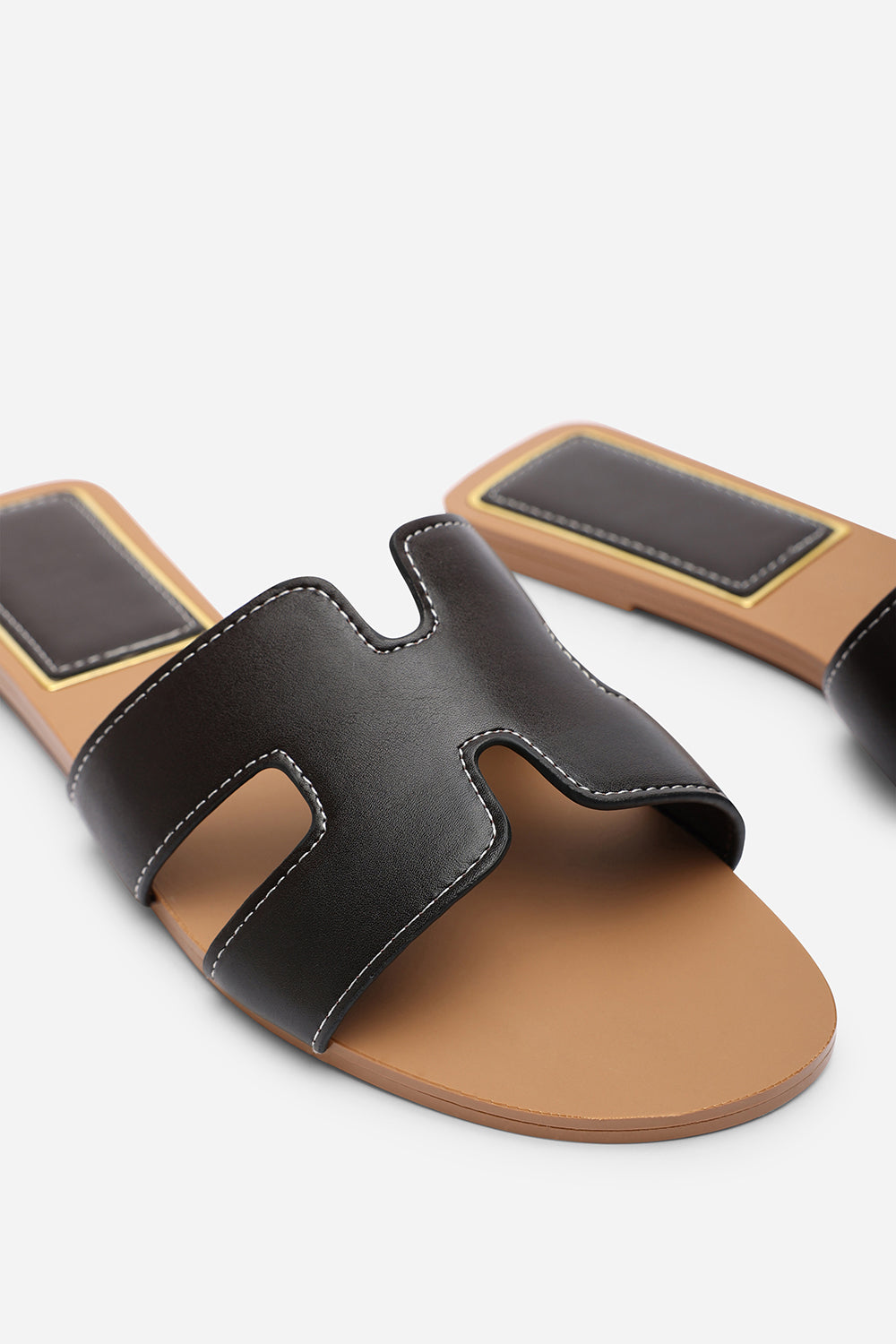 Grazia H Shape Dark Brown Slide On Sandals With Contrast Stitching