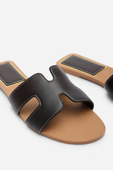 Grazia H Shape Dark Brown Slide On Sandals With Contrast Stitching