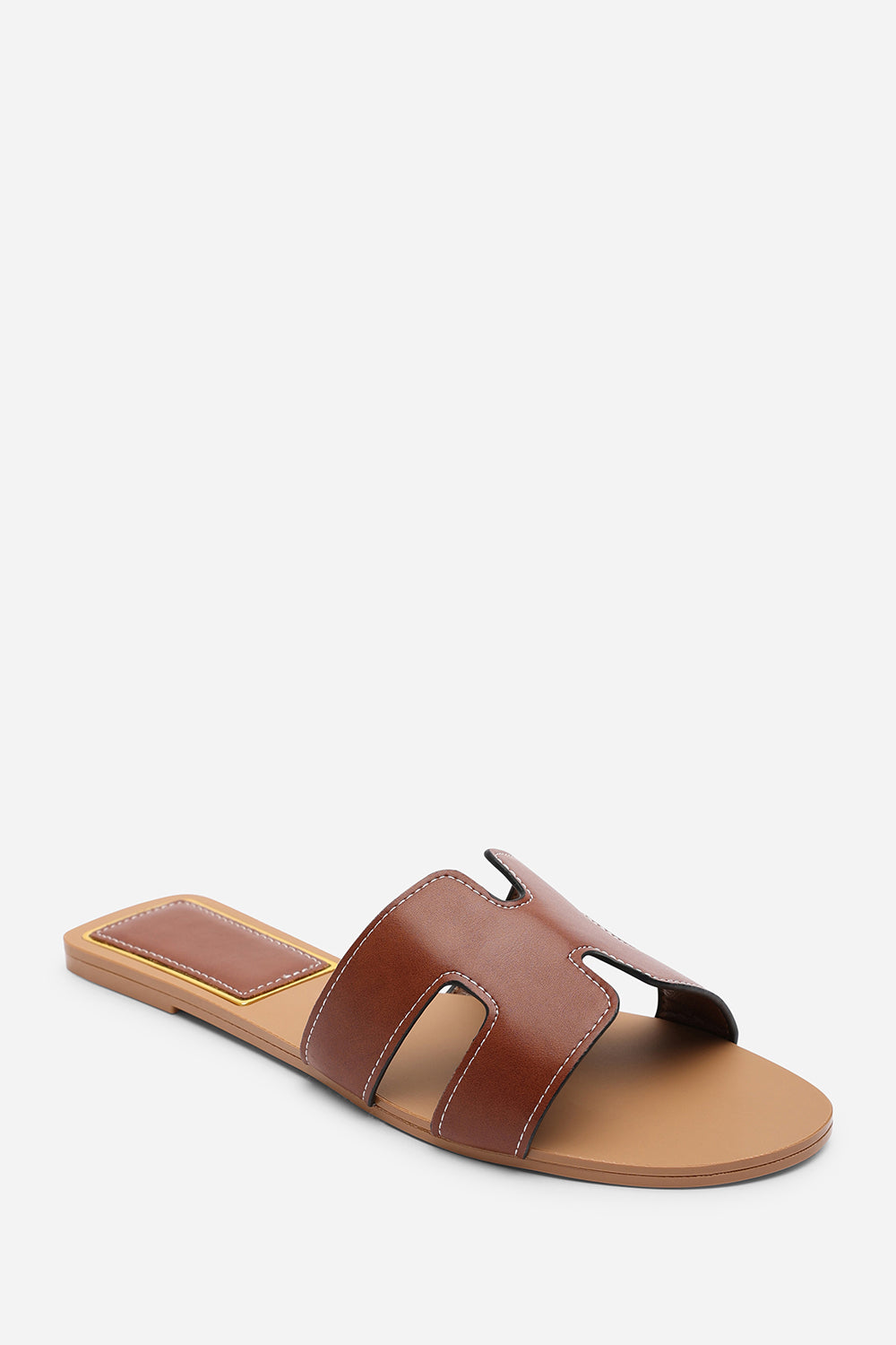 Grazia H Shape Wide Fit Tan Slide On Sandals With Contrast Stitching