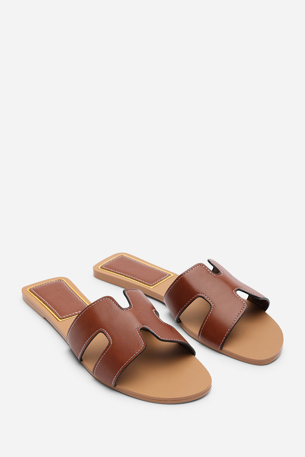 Grazia H Shape Wide Fit Tan Slide On Sandals With Contrast Stitching