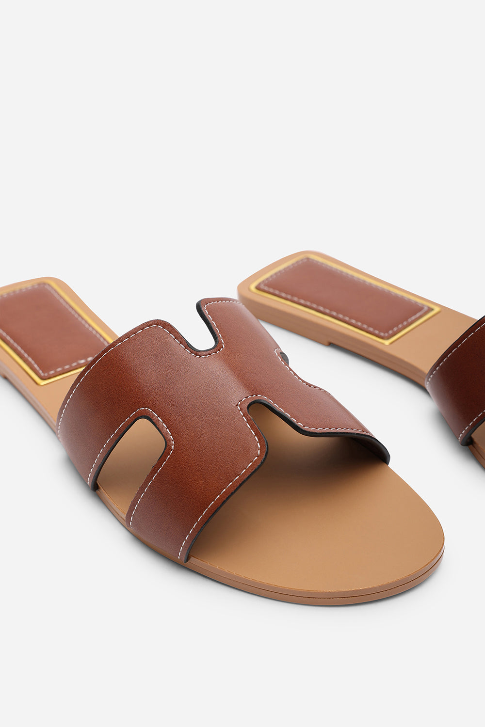 Grazia H Shape Wide Fit Tan Slide On Sandals With Contrast Stitching