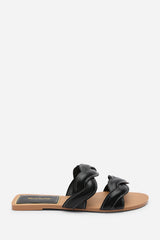 Julietta Two Strap Braided Black Slip on Sandals with Contrast Stitching