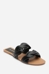 Julietta Two Strap Braided Black Slip on Sandals with Contrast Stitching