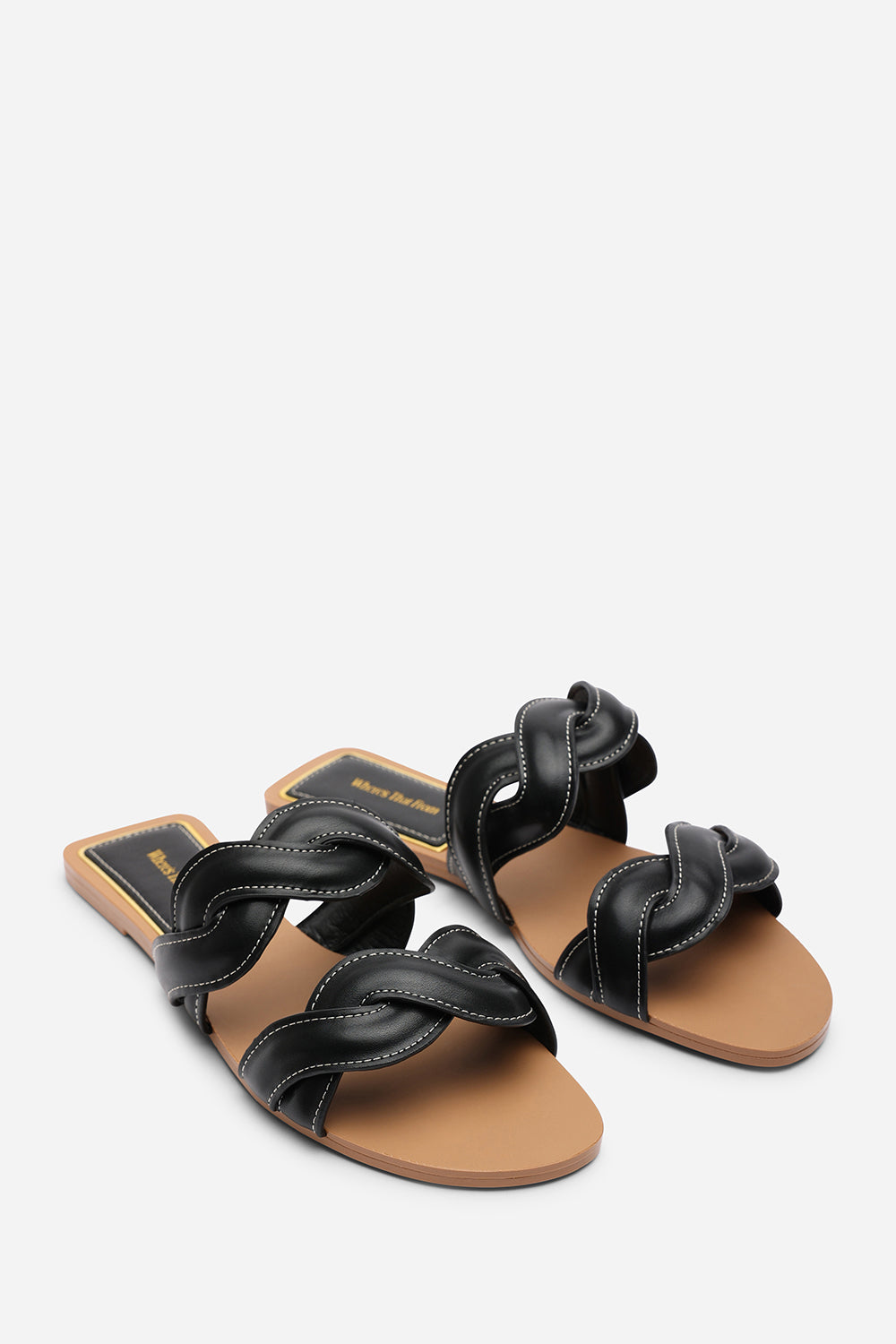 Julietta Two Strap Braided Black Slip on Sandals with Contrast Stitching