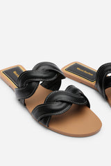 Julietta Two Strap Braided Black Slip on Sandals with Contrast Stitching