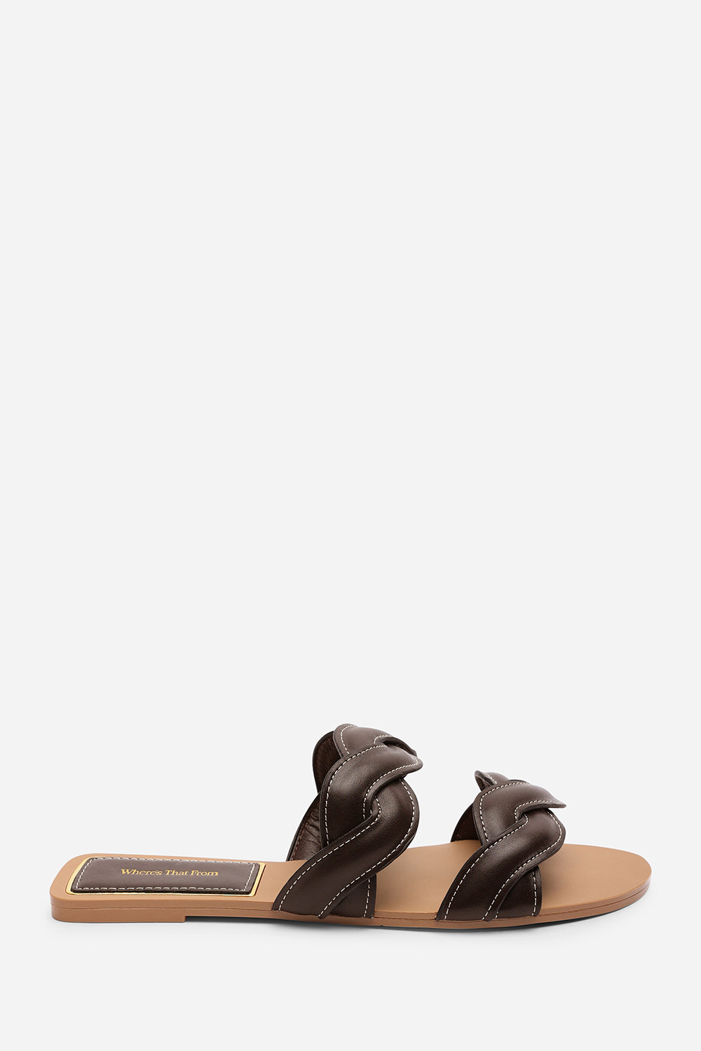 Julietta Two Strap Braided Dark Brown Slip on Sandals with Contrast Stitching