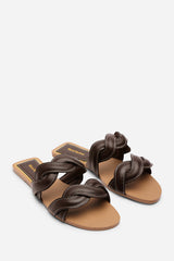 Julietta Two Strap Braided Dark Brown Slip on Sandals with Contrast Stitching