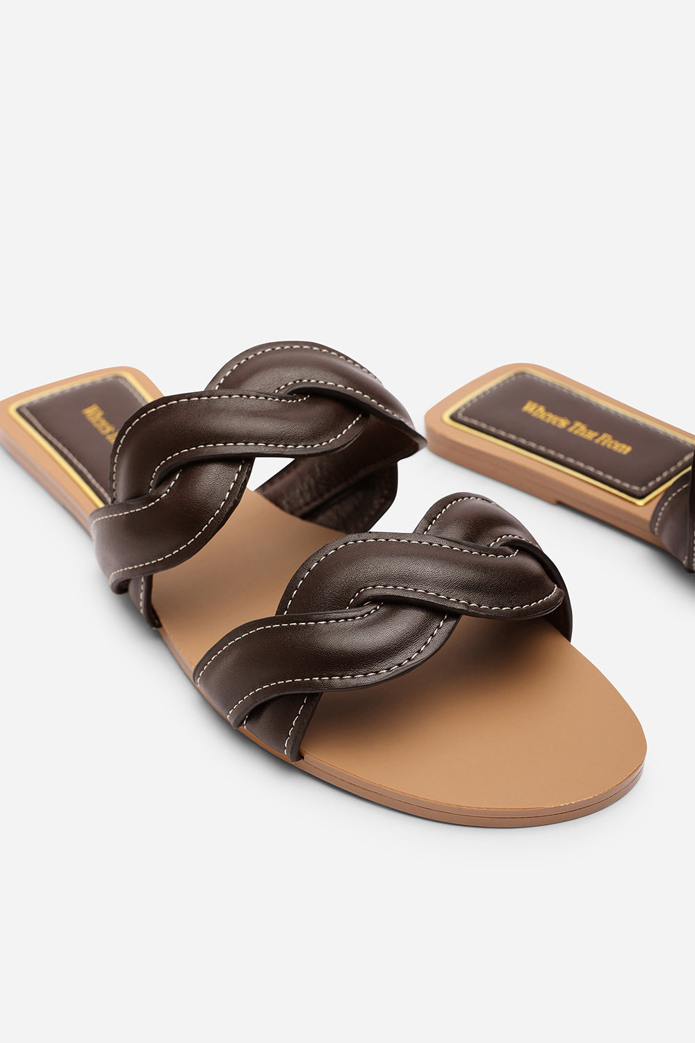Julietta Two Strap Braided Dark Brown Slip on Sandals with Contrast Stitching