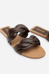 Julietta Two Strap Braided Dark Brown Slip on Sandals with Contrast Stitching