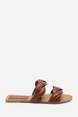 Julietta Two Strap Braided Tan Slip on Sandals with Contrast Stitching