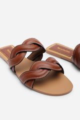 Julietta Two Strap Braided Tan Slip on Sandals with Contrast Stitching