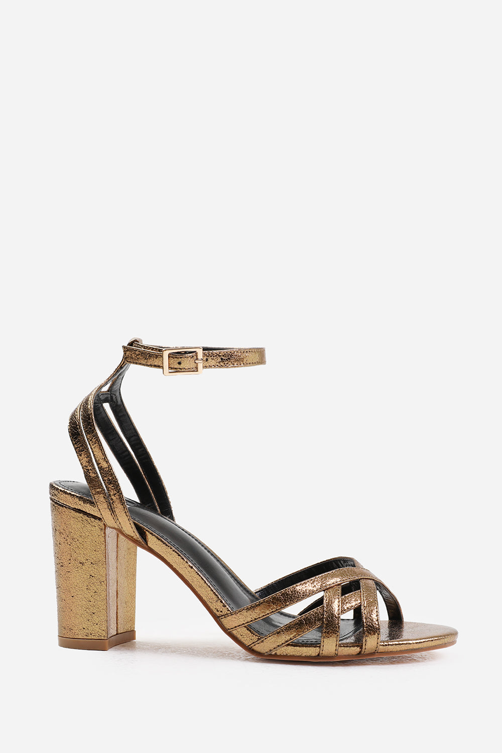 ESMER MID BLOCK HEEL WITH CROSS OVER STRAP DETAILING IN GOLD CRINKLE FAUX LEATHER