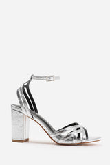 SUNNIVA MID BLOCK HEEL WITH CROSS OVER STRAP DETAILING IN DEEP SILVER CRINKLE FAUX LEATHER