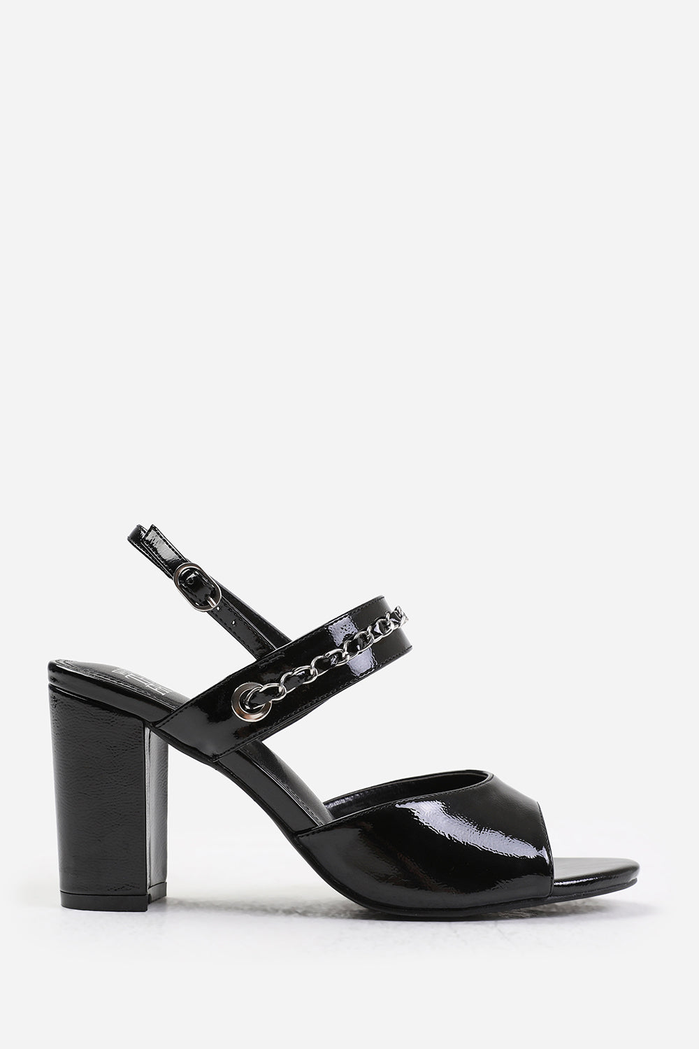 AUDRA WIDE FIT MID BLOCK HEELS WITH CHAIN DETAILING IN BLACK PATENT