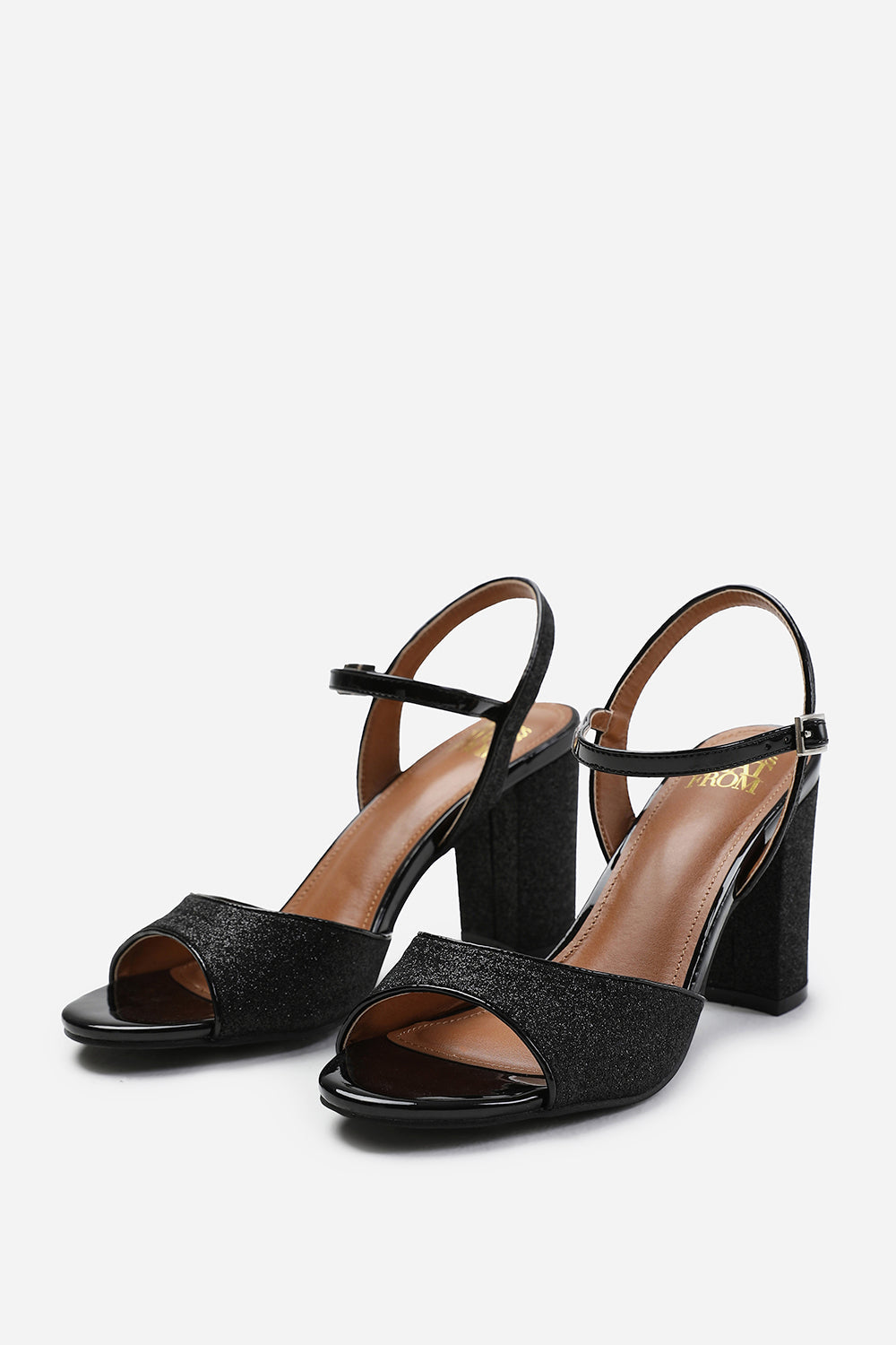 FLORENCE MID HIGH HEELS WITH ANKLE STRAP IN BLACK GLITTER