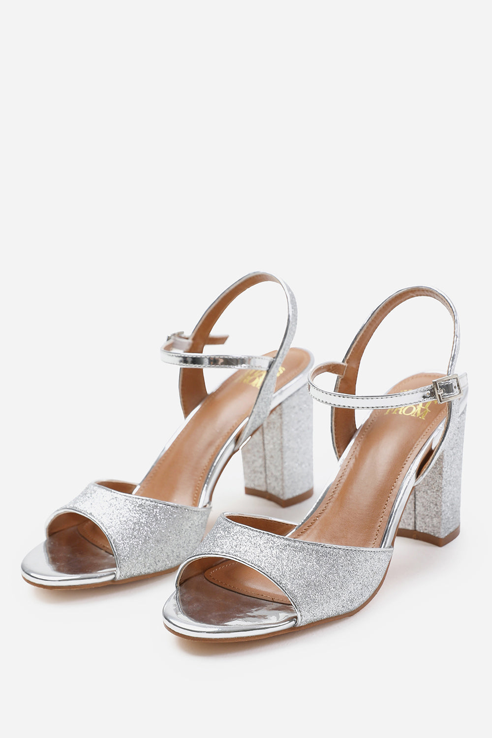 FLORENCE WIDE FIT MID HIGH HEELS WITH ANKLE STRAP IN SILVER GLITTER