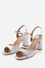 FLORENCE MID HIGH HEELS WITH ANKLE STRAP IN SILVER GLITTER