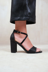 RUTH EXTRA WIDE FIT HIGH BLOCK HEEL SANDALS WITH CROSS OVER ANKLE STRAP IN BLACK GLITTER