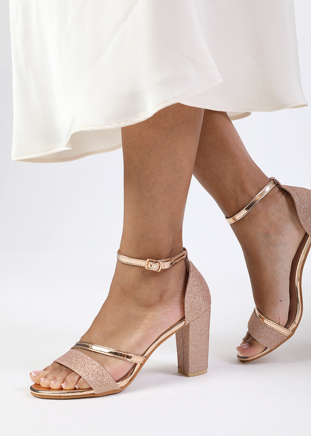 ACELINE MID HIGH BLOCK HEEL SANDALS WITH ANKLE STRAP IN ROSE GOLD