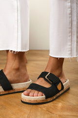 Avenue Buckle Footbed Black Suede Sandal