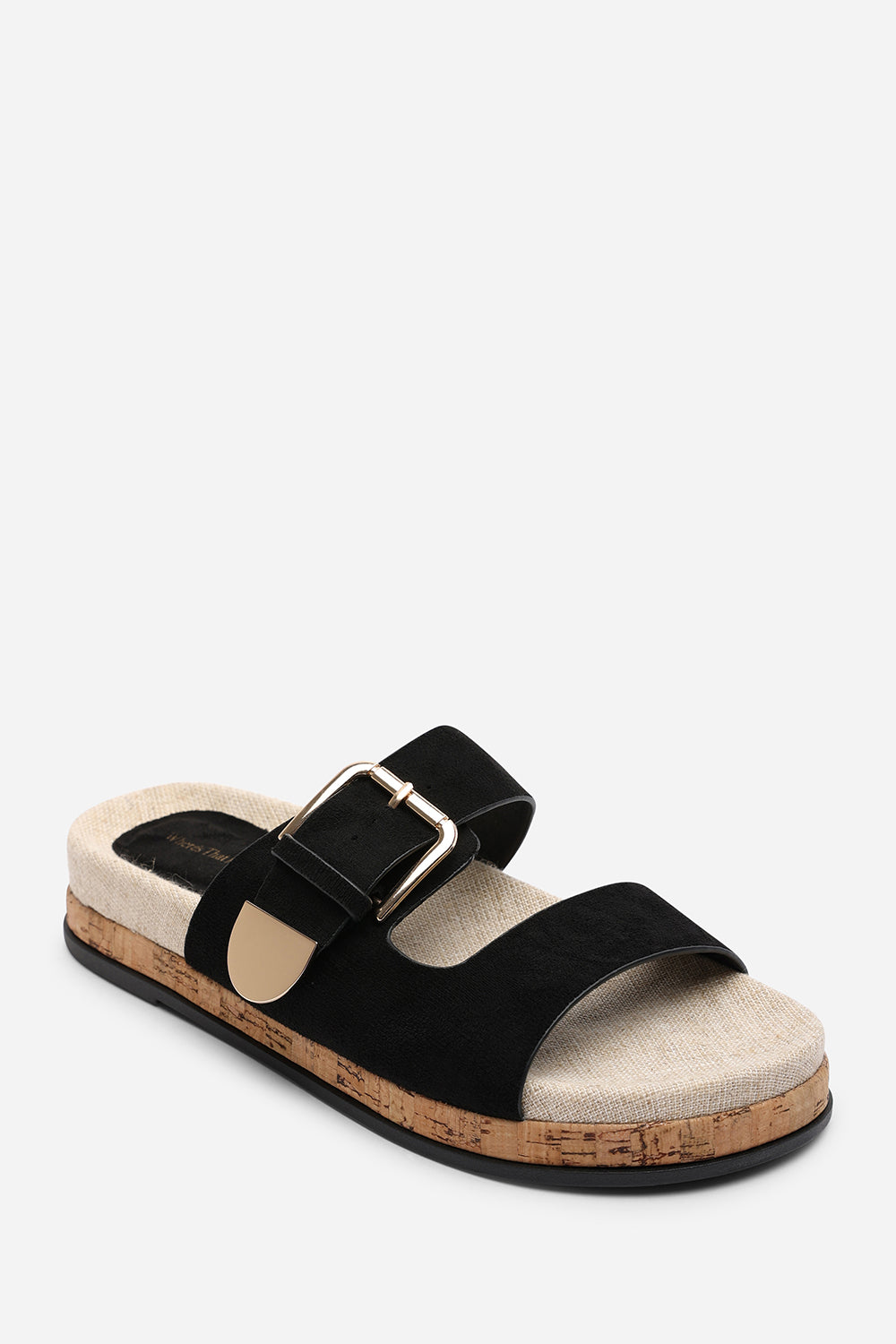 Avenue Buckle Footbed Black Suede Sandal