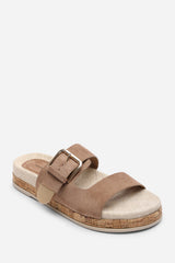 Avenue Buckle Footbed Camel Suede Sandal