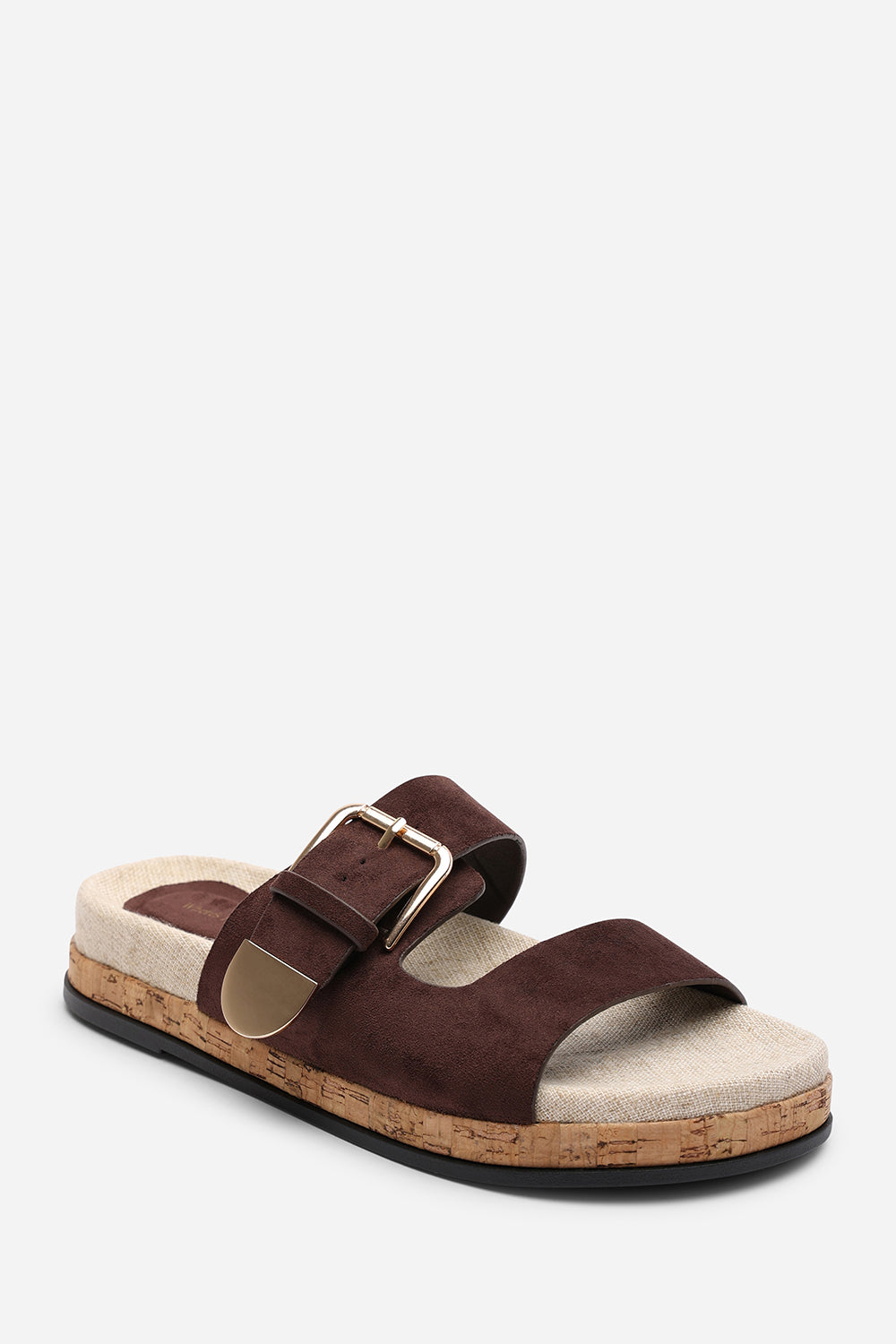 Avenue Buckle Footbed Dark Brown Suede Sandal