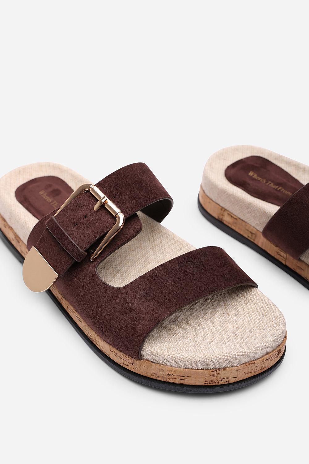 Avenue Buckle Footbed Dark Brown Suede Sandal