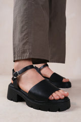 LITHE CHUNKY PLATFORM STRAPPY SANDALS IN BLACK FAUX LEATHER