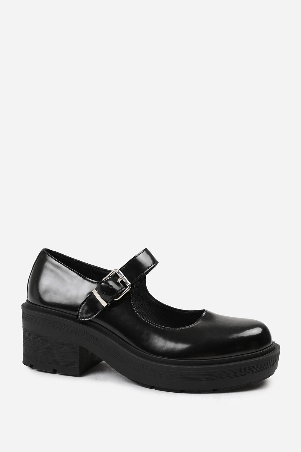 France Chunky Sole Shoes With Single Buckle Strap In Black Faux Leather