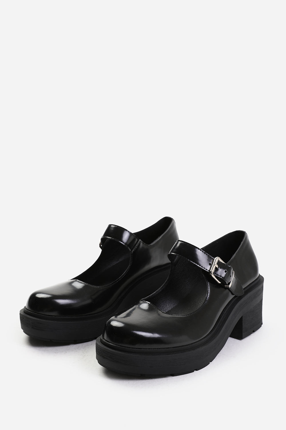 France Chunky Sole Shoes With Single Buckle Strap In Black Faux Leather