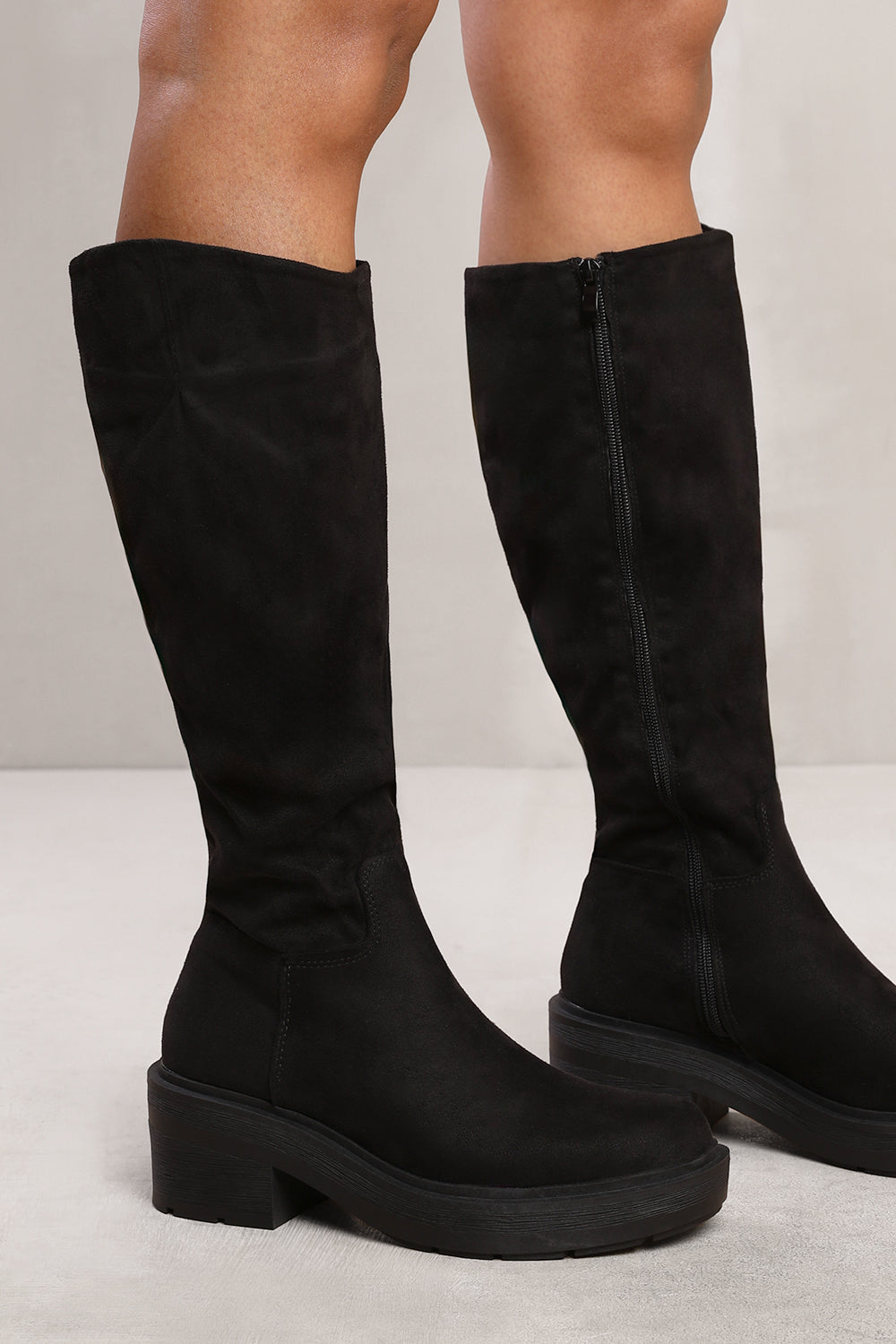 DELLA BELOW KNEE BOOT WITH CHUNKY SOLE IN BLACK SUEDE